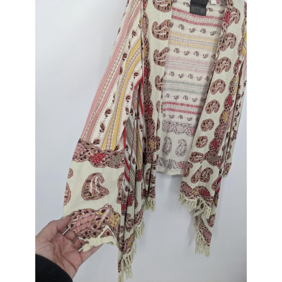 Guinevere Cardigan Women M Ivory Red Cashmere Paisley Boho Fringe Drape Sweater - Picture 3 of 9